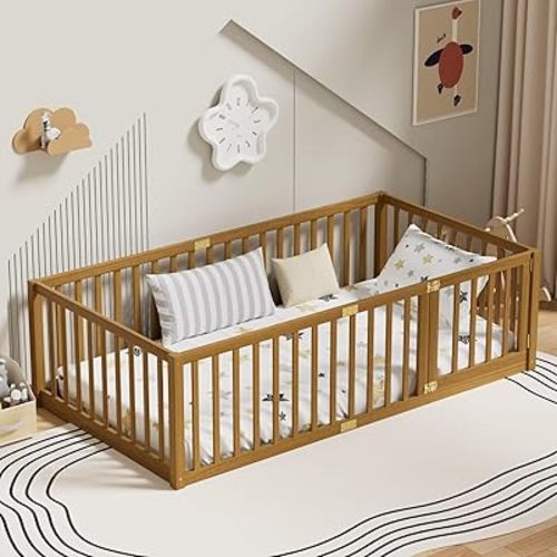 LLS Twin Size Floor Bed with 21.6" High Fence, Solid Wood Multifunctional Montessori Bed Frame with Door for Kids Boys Girls, Without Slats, Light Espresso