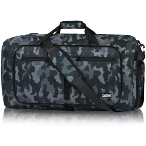 Fmeida 65L Duffle Bag with Shoes Compartment, Foldable Travel Duffel Bags for Men Women, Large Packable Travel Bag Water Repellent & Tear Resistant (BlackCamo)