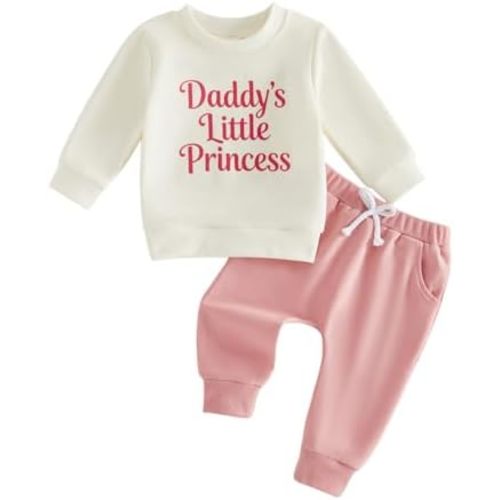 Amiblvowa Baby Girl Outfit, Daddy's Little Princess Sweatshirt + Pants Set, Cute Letter Print Fall Clothes for Infant Toddler
