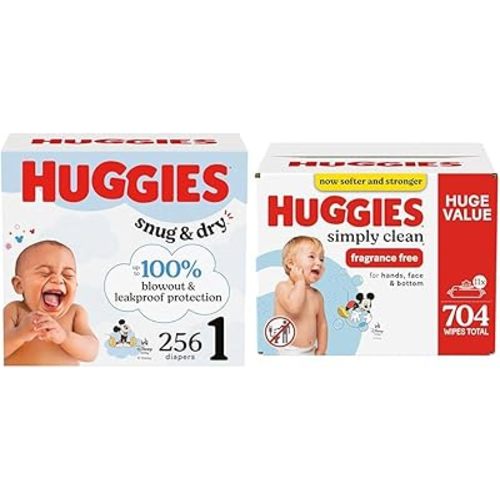 Snug & Dry Bundle: Huggies Snug & Dry Baby Diapers, Size 1 (8-14 lbs), 256 Count & Huggies Simply Clean Unscented Baby Wipes, 11 Flip-Top Packs, 704 Count (11 Packs of 64)