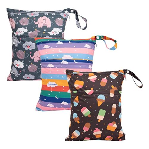 babygoal Wet Dry Bags 3 Pack for Baby Cloth Diapers, Washable Travel Bags, Beach, Pool, Gym Bag for Swimsuits & Wet Clothes with Two Zippered Pockets - elephant and bear
