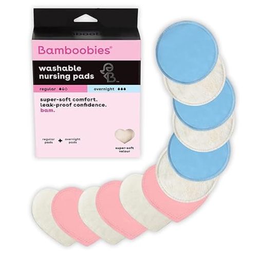 Bamboobies Nursing Pads, Ultra-Soft Velour, Reusable, Washable & Leak-Proof, 6 Ultra-Thin and 6 Overnight Pads for Breastfeeding