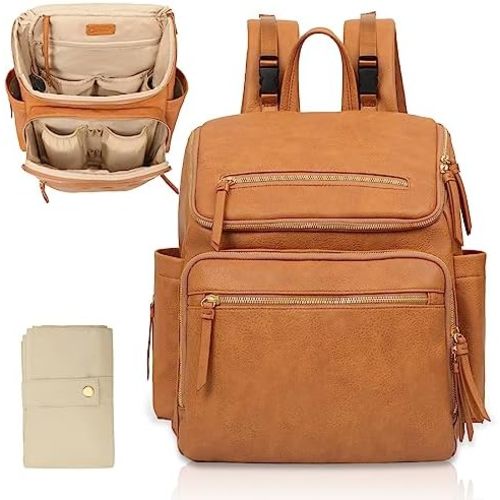 Omanmoli Diaper Bag Backpack Large Baby Diaper Bag Leather with 17 Diaper Bag Organizing Pouches,Changing Pad,Stroller Straps,4 Insulated Pockets,Honey