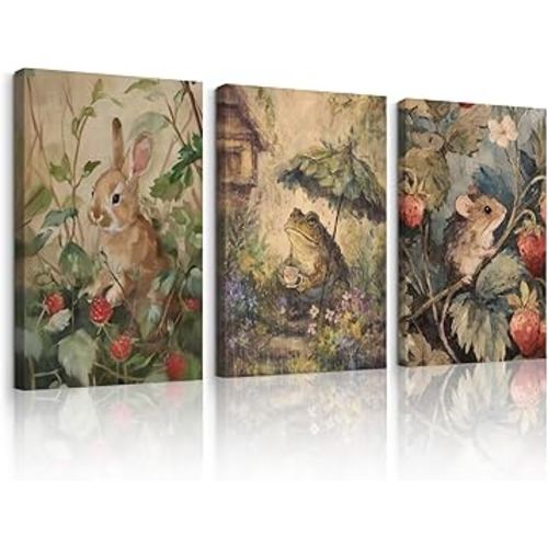 Nursery Woodland Animal Wall Art Vintage Forest Animal Canvas Wall Decor Baby Boy Room Poster Kids Wild Bunny Picture Cottagecore Prints Nursery Artwork for Girl Bedroom 12x16 Inch Ready to Hang 3Pcs