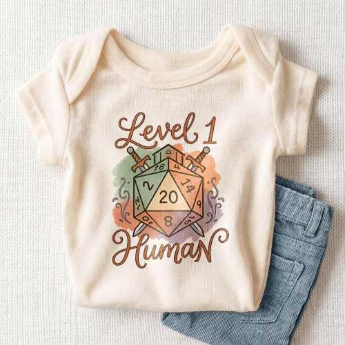 Level 1 Human Baby Onesie - Funny Dungeons Dice Bodysuit for Newborns
