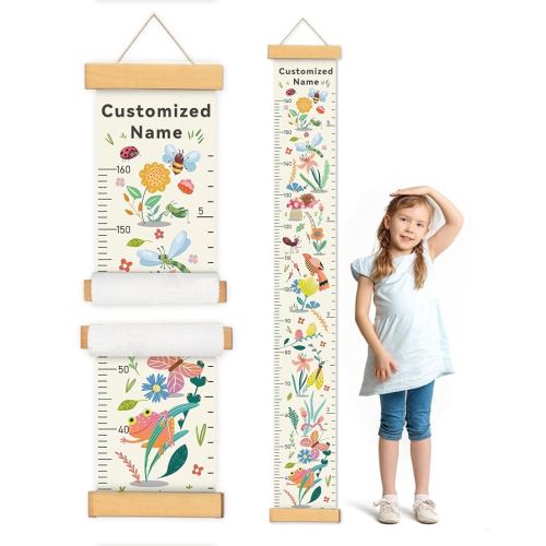 Personalized Name Growth Chart for Wall, Flower Birds Canvas Height Chart for Kids Baby Child Toddler Boys Girls, Canvas&Wood Growth Chart for Wall Room Nursery Decor,Easy Care