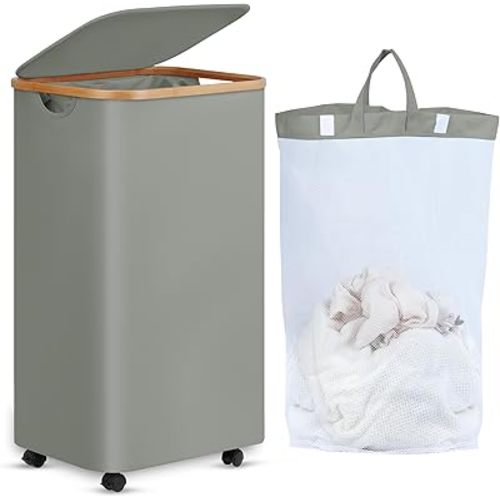 efluky Laundry Basket with Wheels, Tall Rolling Laundry Hamper with Lid and Removable Bag, Aesthetic Dirty Clothes Hamper on Wheels for Laundry Room, Bedroom, Dorm and Bathroom, 100L Grey