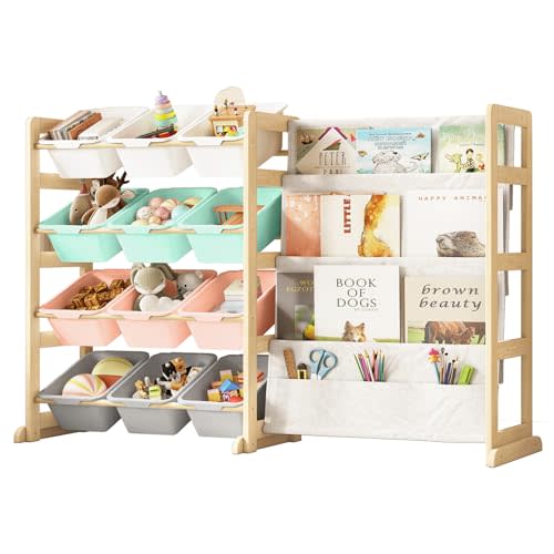 Toy Storage Organizer with Bookshelf - 12 Storage Bins 4-Tier Multipurpose Shelf to Organize Toys and Books for Kids Room, Playroom, Nursery Room, Multi-Color