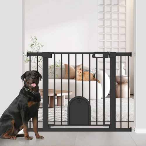 FairyBaby Premium Quality Wide Baby Gate with Cat Door - Width: 54.3-62.6" - Color: Black