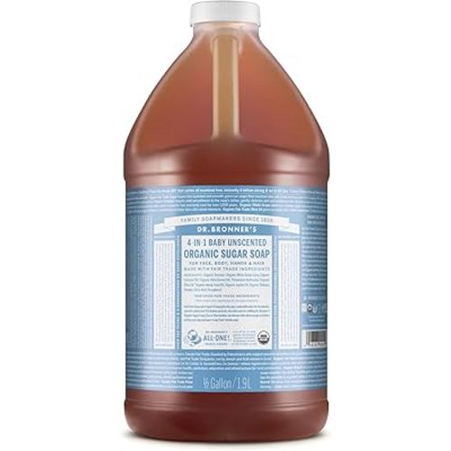 Dr. Bronner’s - Organic Sugar Soap (Baby Unscented, 64 Ounce) - Made with Organic Oils, Sugar and Shikakai Powder, 4-in-1 Use: Hands, Body, Face and Hair, Moisturizes and Nourishes, No Added Fragrance