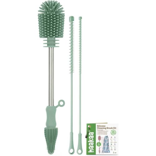 haakaa Silicone Cleaning Brush Kit - Baby Bottle Brush Cleaner for Breast Pump,Nipple,Breast Milk Storage Bag,Reusable Straw,Sippy Cup - Food Grade Silicone Bristles, Portable - 3 Pcs - Pea Green