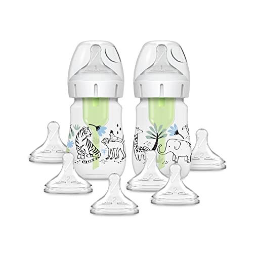 Dr. Brown’s Natural Flow® Anti-Colic Options+™ Wide-Neck Baby Bottle Designer Edition Bottles, Jungle Decos, 5 oz/150 mL, Level 1 Nipple, 2-Pack, 0m+ with 6-Pack Level 2 Nipples