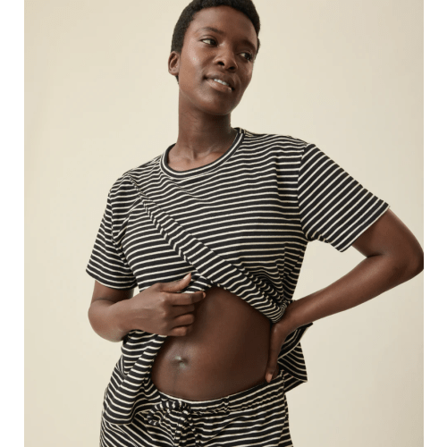 Luxe Terry Maternity & Nursing Split Hem T-shirt, Black & Ivory, Medium