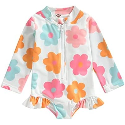 Baby Girl Swimsuit Zip Rash Guard Ruffled Long Sleeve One Piece Swimwear Toddler Bathing Suit Rashguard Beach Wear