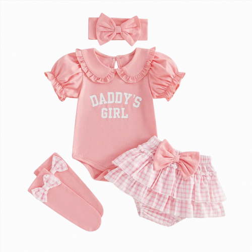 Myshe Newborn Baby Girls Clothes Summer Daddys Girl Outfit Romper+Bloomers Tutu Skirt+Socks+Headband 4Pcs Girl Outfits,Red,0-3 Months