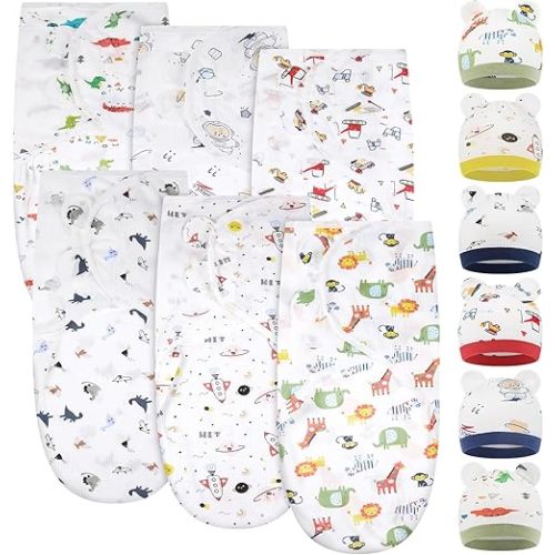 Ramede 6 Pack Baby Swaddle Blanket with Hats Sleep Swaddle for 0-3 Months Newborn Sacks Soft Cotton Wearable for Boy Girl(Colorful,Rocket)