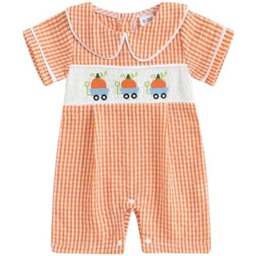 Baby Boy Smocked Pumpkin Romper Short Sleeve Embroidery Truck Babydoll Collar Gingham Jumpsuit Halloween Clothes