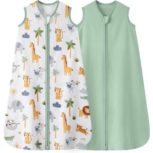 Baby Sleep Sack 6-12 Months 0.5 TOG, 100% Cotton Baby Wearable Blanket 2 Pack with 2-Way Zipper, Lightweight Sleep Bag for Boys & Girls Newborn Infant Breathable Sleeing Sack Green Animal