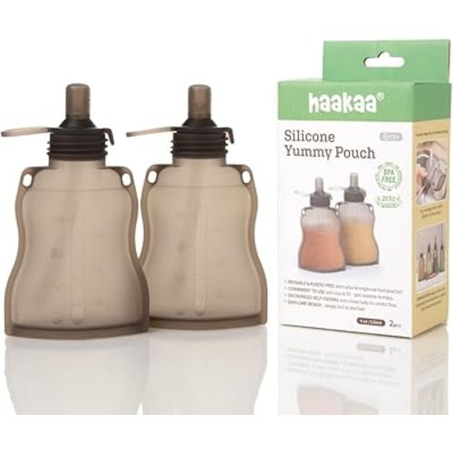 Haakaa Silicone Yummy Pouch 4.5 oz – Reusable Silicone Snack & Smoothie Pouch, Refillable, Leak-Resistant, Dishwasher Safe, Eco-Friendly Food Storage for Babies Kids & Toddlers (2-PK, Grey)