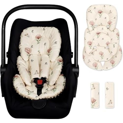 Infant Car Seat Insert with 2 Strap Pads, Super Soft Carseat Head and Body Support for Baby Boys and Girls, Reversible Newborn Car Seat Insert Cushion for Strollers, Bouncers, Swing, Simple flowers