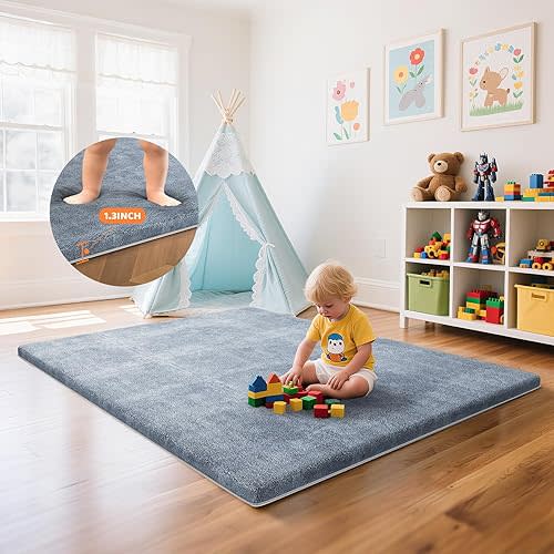 Omzer Baby Play Mat for Floor - 1.3" Thick Foam 47x47 Inch Playpen Mats with Removable & Washable Cover for Tummy Time, Soft Coral Velvet & Non-Slip Crawling Pad for Babies, Toddlers, Infants - Grey