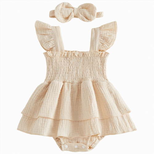 JUMEYU Newborn Baby Girl Clothes Summer Infant Baby Girl Summer Clothes Lace Mesh Flower Short Sleeve Romper Tutu Dress Princess Dress Cake Smash Dress 0 3 6 9 12 18 24 Months (Beige,12-18 Months)