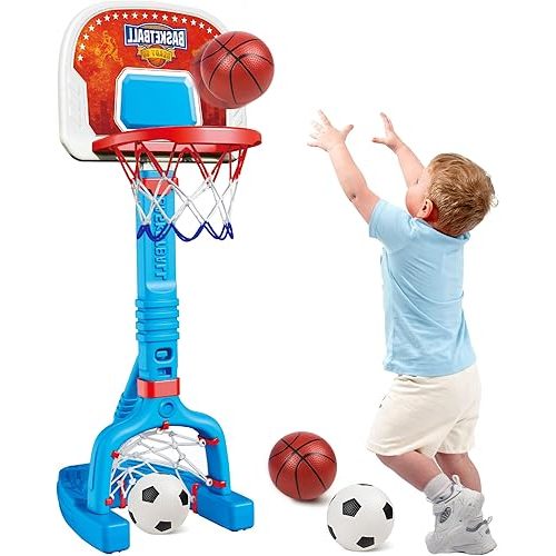 PJG Toddler Basketball Hoop & Soccer Goal for Ages 1 2 3 4 5, Adjustable Indoor Basketball Hoop for Kids 1-3 3-5, Baby Toy Mini Basketball Hoops with 4 Balls for Boys and Girls Birthday