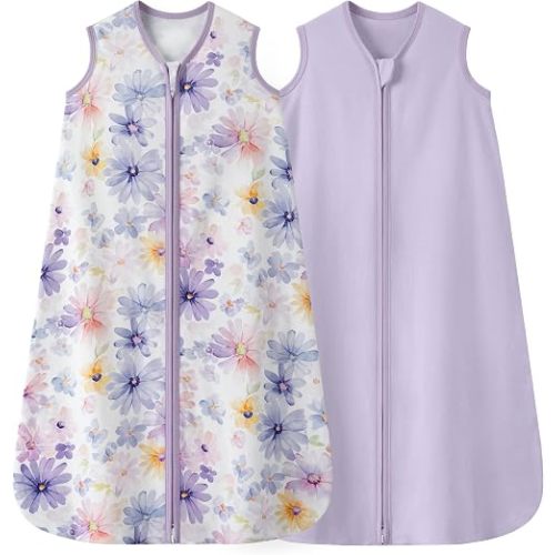 Baby Sleep Sack 6-12 Months 0.5 TOG, 100% Cotton Baby Wearable Blanket 2 Pack with 2-Way Zipper, Lightweight Sleep Bag for Boys ＆ Girls Newborn Infant Breathable Sleeing Sack Purple Flower