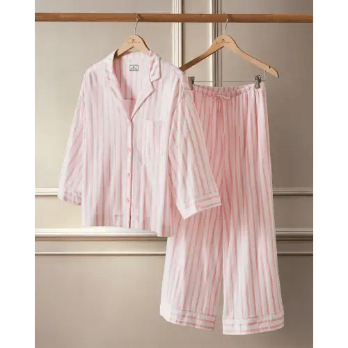 The Olivia Wide Leg Pima Pajama Set in Pink Stripe, Medium