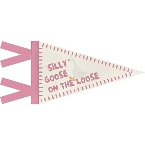 Silly Goose On the Loose Banner Felt Pennant, Playroom Banner Wall Art Decor for Kids Room Bedroom Nursery Toddler Room, Pink Pennant 8x14 Inch