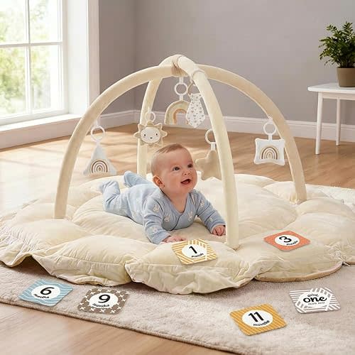 5-in-1 Thick & Plush Baby Play Gym, Baby Play Mats for Floor, Tummy Time Mat with 6 Toys, Convertible Stage-Based Developmental from Babies to Toddlers, Ball Pit, Cream