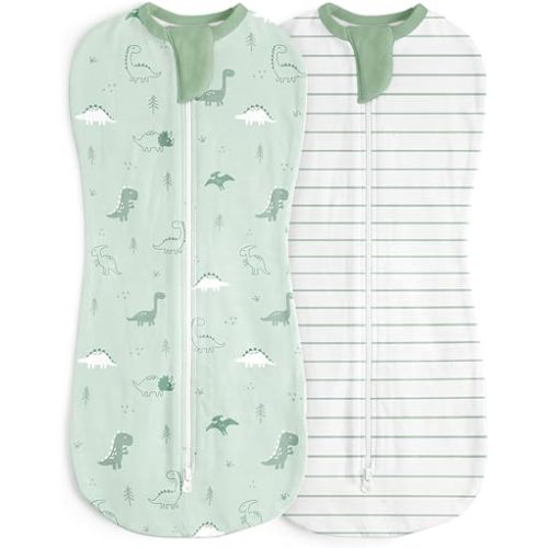 Baby Swaddle 0-2 Months, Cotton Arm-In Zipper Sleep Sack, Wearable Blankets Wrap for Newborn Infant Boys (Dinosaur, Stripe, Pack of 2)