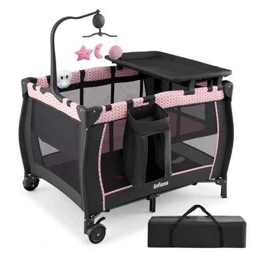 INFANS 3 in 1 Pack and Play, Portable Travel Baby Bassinet with Detachable Mattress, Changing Table, Foldable Playpen with Carry Bag, 2 Wheels (Pink Stripes)