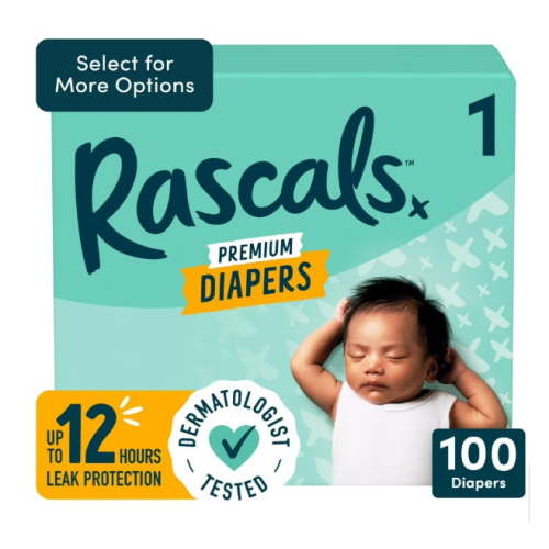 Rascals Premium Absorbent Baby Diapers Size 1, 100 Count, with 5 Sensitive Infant Wipes