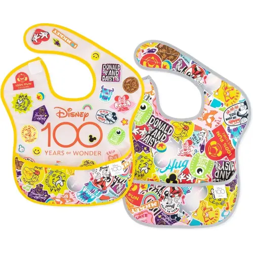 Bumkins Disney Bibs for Girl or Boy, SuperBib Baby and Toddler for 6-24 Months, Essential Must Have for Eating, Feeding, Baby Led Weaning, Mess Saving Catch Food, Fabric, 2-pk 100 Happy Faces