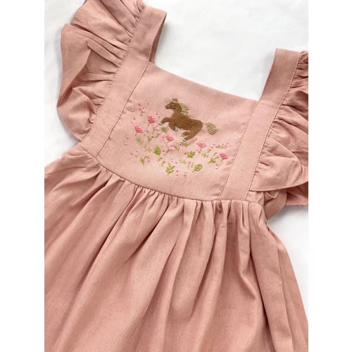 Custom Dress Embroidered Horse On Flower Field, Soft Linen Dress for Girls, Toddler Linen Dress, 1st Birthday Girl Dress, Kids Clothing