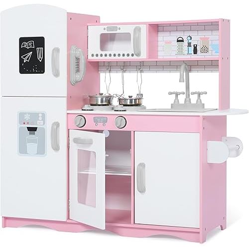 Kinder King Wooden Kids Play Kitchen, Toy Kitchen Playset for Toddler, Pretend Oven, Microwave, Telephone, Chalkboard, Interactive Doors, Knobs, Realistic Kitchen Sets for Boys Girls Age 3+, Pink