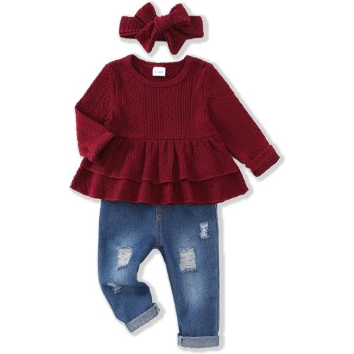 Renotemy Infant Baby Girl Clothes Fall Winter Outfits Cowgirl Ruffle Top Jeans Pants Set Toddler Clothes for Girls 9M-3T