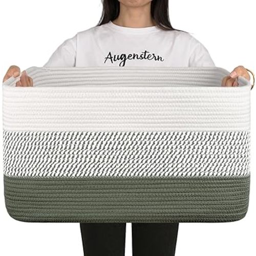OIAHOMY Large Blanket Basket, 22”x17”x12” Rectangle Woven Baskets, Nursery Blanket Storage Living Room, Toy Storage With Handle, Large Baskets for Organizing-Green/White