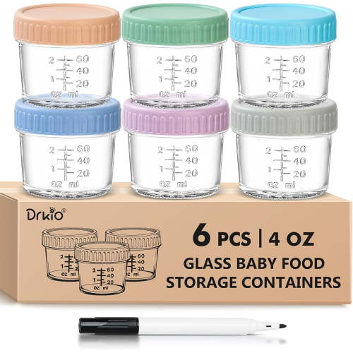 6 Pack Glass Baby Food Storage Containers - 4 Oz Baby Food Jars with Lids Baby Food Maker Microwave Dishwasher Freezer Safe 100% Leak Proof BPA Free Reusable