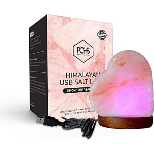 POHS USB Himalayan Mini Heart Salt Lamp, 7 Color Changing LED Bulb, Hand Crafted Crystal Rock Salt Night Light for Home Decor, Desk, and Gift | Premium Quality Wood Base and USB Cable