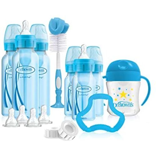 Dr. Brown's Options+ First Year Anti-Colic Bottle Gift Set with Sippy Cup, Baby Bottle Brush and Teether - Blue