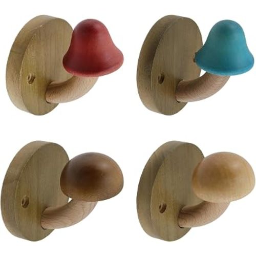 Semetall Mushroom Hooks Wooden Coat Hooks Wall Mounted Set of 4