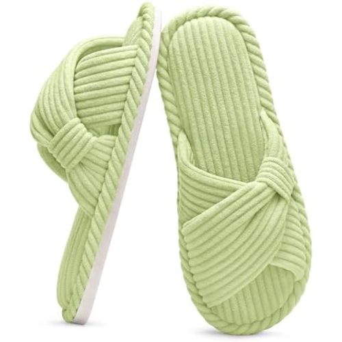 Evshine Fall House Slippers for Women Corduroy Cross Bow Indoor Slippers Open Toe Slip On Bedroom Shoes with Memory Foam