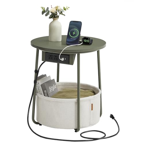 VASAGLE Side Table with Charging Station,Fabric Basket, Round End Table | Modern Small Nightstand with USB Ports for Living Room, Bedroom, Forest Green and Cream White, LILEA Collection ULET228C04
