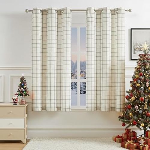 54 Inches Natural Linen Window Curtain Panels with Black and White Stripes,Grommet Buffalo Plaid Light Filtering Drapes,Farmhouse Pattern Window Treatment Bedroom Living Room,40" Wx54 Lx2