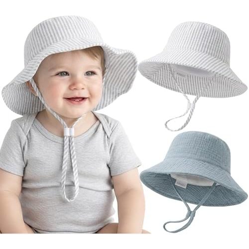 Konssy Muslin Baby Boy Sun Hat 2-Pack, Infant Sun Hat with Wide Brim, UPF 50+ Baby Beach Hat for 0-6 Months