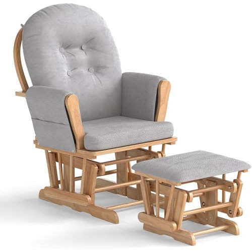 Costzon Nursery Glider with Ottoman, Upholstered Comfort Glider Rocker with Padded Cushion, Storage Pocket, Solid Wood Base, Rocking Chair Nursery for Breastfeeding, Napping (Natural)