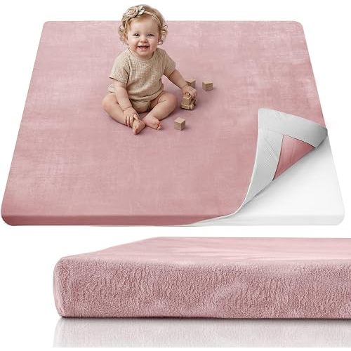 Blissful Diary 1.3" Thick Baby Play Mat, 50x50 Playpen Mat with Removable & Washable Cover, Ultra Soft Crawling Rug for Floor, Foam Cushion & Non-Slip Backing for Kid, Toddlers and Infants, Dusty Pink