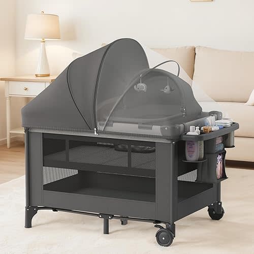4-in-1 Baby Bassinet with Playard, Napper Bassinet, Changing Table, Mosquito Net & Canopy, Storage and Toys for Newborn to Toddler